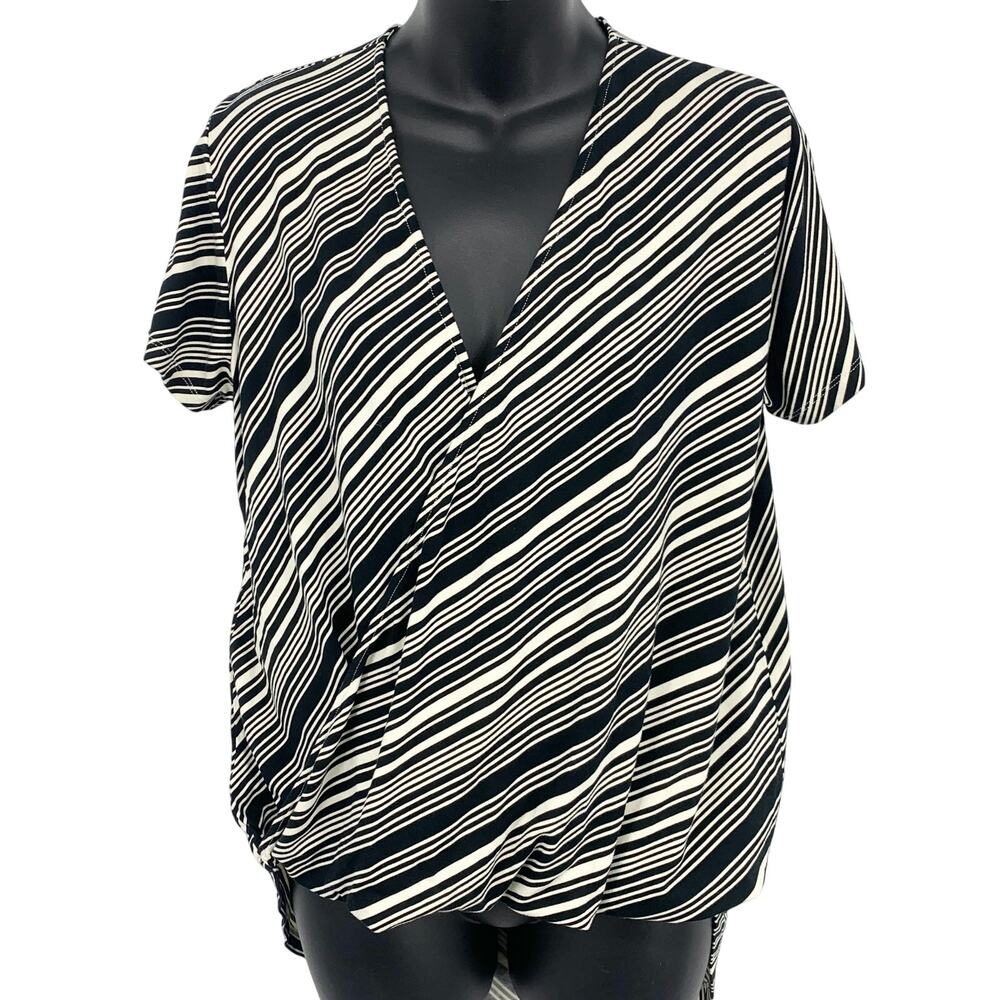 Ava Sky Fighting Eel Tunic Blouse Womens Medium Black White Stripe Cross Wrap